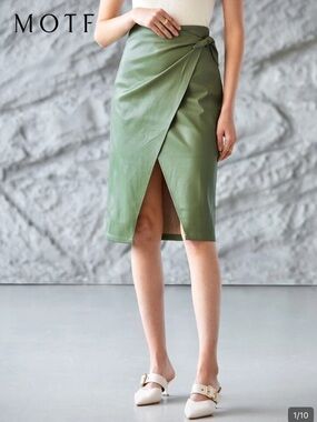 MOTF Olive Green Faux-Leather Asymmetrical Wrap Skirt
